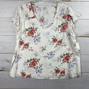Angels Forever Young Top Womens 2X Cream Floral Boho Flowy Rayon Smocked NWT